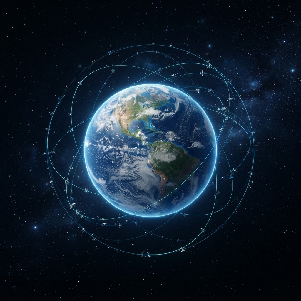 Planet Earth viewed from space, surrounded by glowing satellite orbital paths and a soft blue atmospheric glow