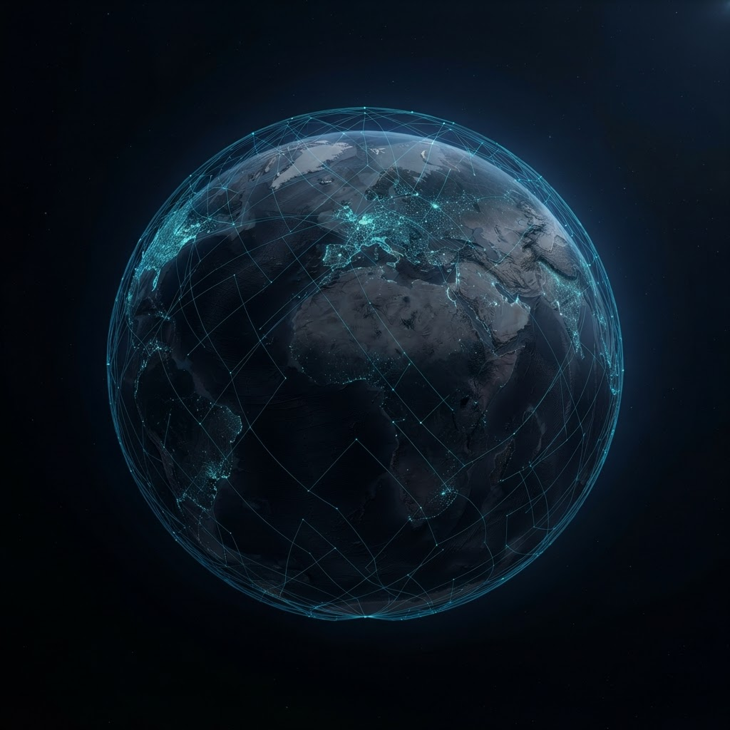 Dark world map with a glowing cyan mesh of Starlink satellite coverage nodes and connection lines spanning the continents